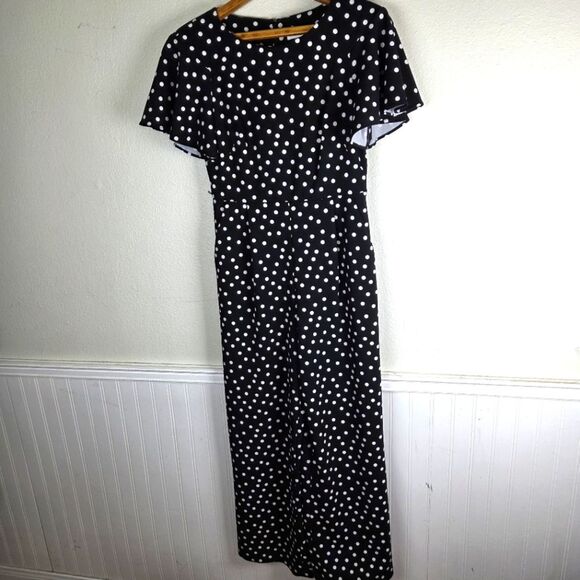Women's Calvin Klein Black and White Polka Dot Maxi Jumpsuit Ruffled Sleeve 08 - Picture 3 of 13